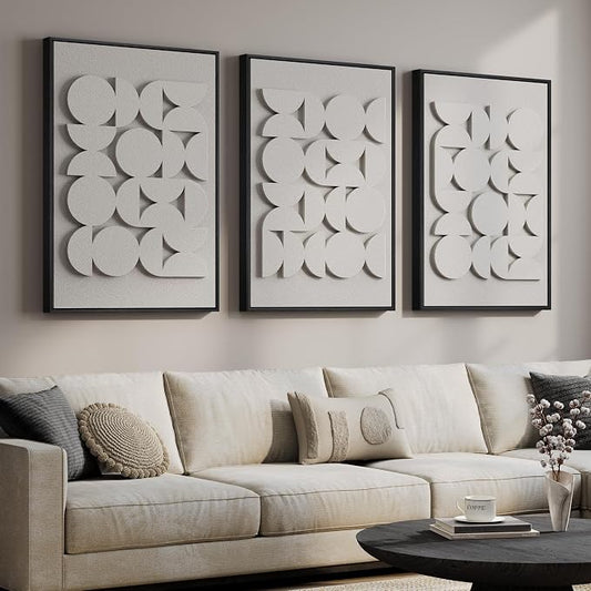 Large 3D Textured Framed Abstract Wall Art for Living Room, Set of 3 Modern White Paintings Artwork for Walls, Minimalist All White Geometric Pictures for Bedroom Hallway Office Wall Decor 24x36 In by Cuspin