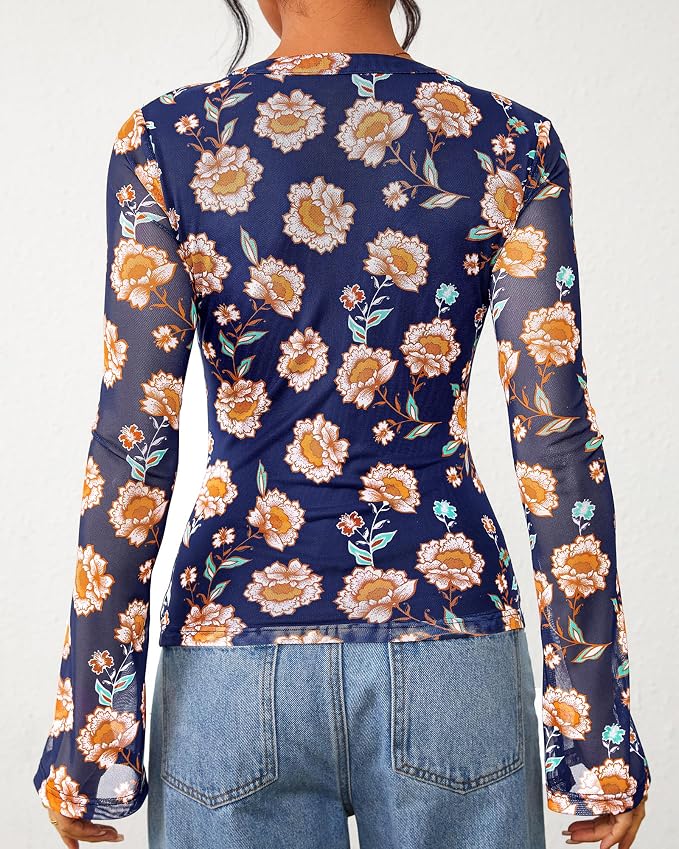 BTFBM Button Down Shirts for Women 2026 Fall Boho Tops V Neck Long Sleeve Blouses Ruched Mesh Fitted Fashion Clothing - Image 3