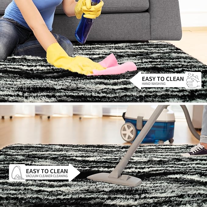 Tepook Fluffy Large Rugs for Living Room, 8x10 Area Rugs for Bedroom, Modern Shag Fuzzy Carpets for Kids Boys Girls, Plush Indoor Nursery Home Decor Rug with Non-Slip Bottom, Black White - Image 7
