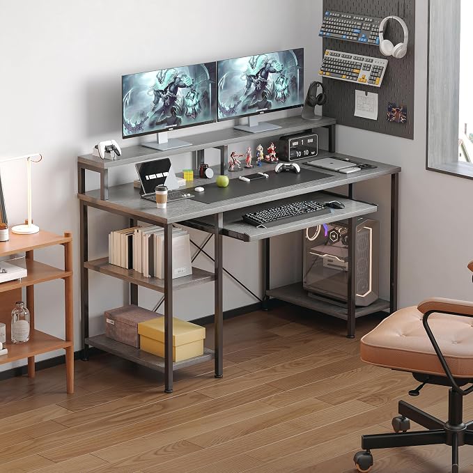 VERMESS Computer Desk- 48 Inch Home Office Desk with Keyboard Tray, 47" Gaming Desk with Full Monitor Stand & Storage Shelves & CPU Stand, Modern Study Writing Table with Shelf for Storage, Gray Oak - Image 2