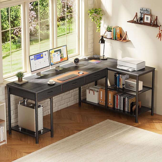 PRAISUN 63 Inch L Shaped Office Desk with Power Outlets and Type-C Port, Large Computer Gaming Desk with 3 Fabric Drawers, Mesh Shelves, Corner Study Work Writing Desk, Grey - Image 2