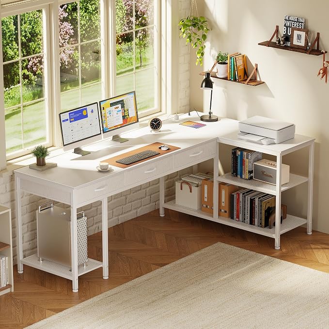 PRAISUN 63 Inch L Shaped Office Desk with Power Outlets and Type-C Port, Large Computer Gaming Desk with 3 Fabric Drawers, Mesh Shelves, Corner Study Work Writing Desk, White - Image 2