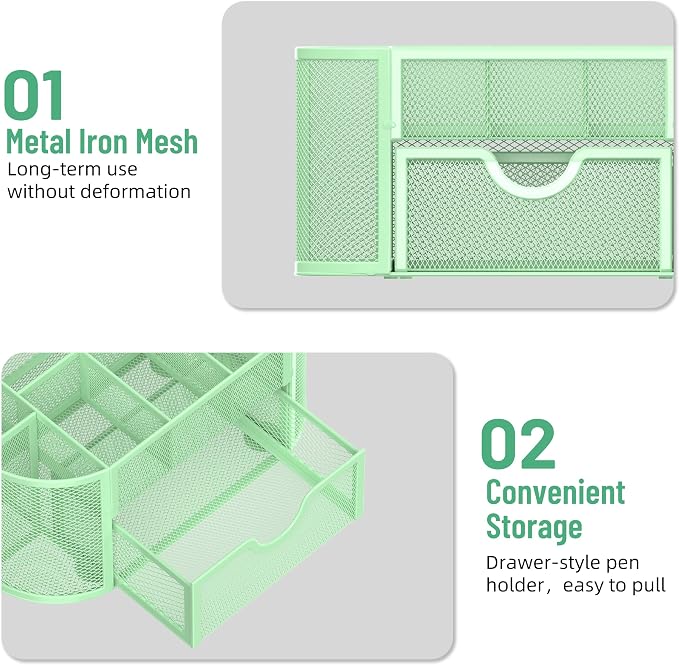 Mesh Desk Organizer with Drawer, 9-Compartment Pen Holder for Desk, Green | Pull-Out Drawer Stores Pens, Pencils, Clips, Notes, and Small Office or School Supplies in One Compact Desk Caddy - Image 5
