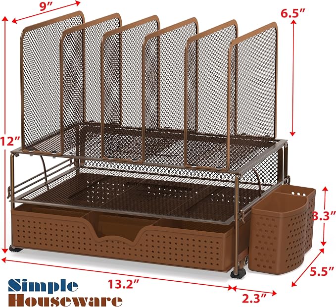 Simple Houseware Desk File Organizer for Office Supplies w/Drawer, Copper | Double Tray, Pencil Holder, and 5 Upright Sections with Sliding Drawer - Image 2