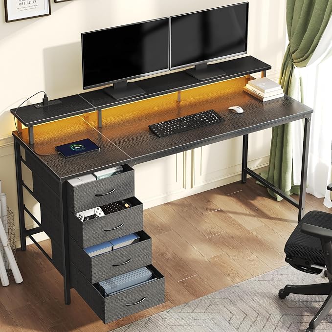 DUMOS 40-Inch Gaming Desk with Power Outlets and LED Lights, Black | Computer Desk with 4 Storage Drawers, Home Office Desk with Monitor Stand, Small Desk for Bedroom Study - Image 4