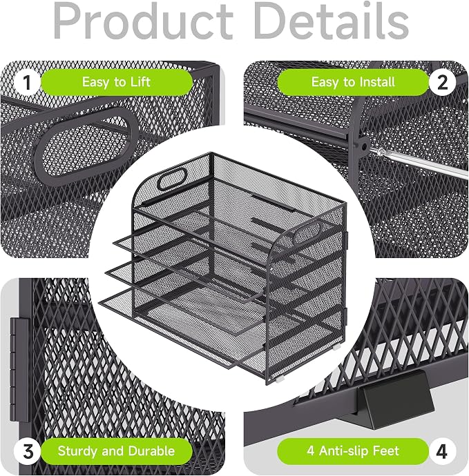 Cawukege 5 Tier Paper Organizer with Handle, Grey Metal Mesh Desk Organizer File Folder Paper Letter Tray Desktop Document Sorter for Classroom, School, Office Accessories Organization and Storage - Image 4