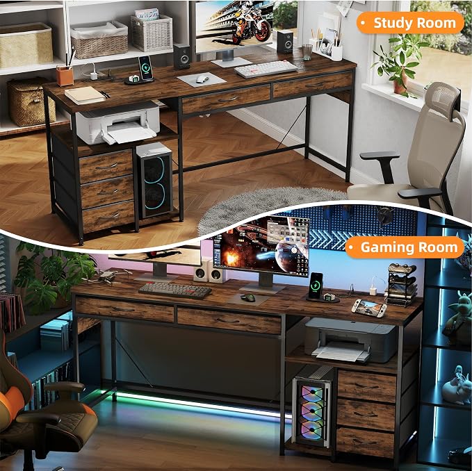 YOSHOOT 60" Computer Desk with 5 Fabric Drawers, Gaming Desk Table | Desk with Storage and Power Outlets, for Adults and Teenagers Working Writing Study, Rustic Brown - Image 7