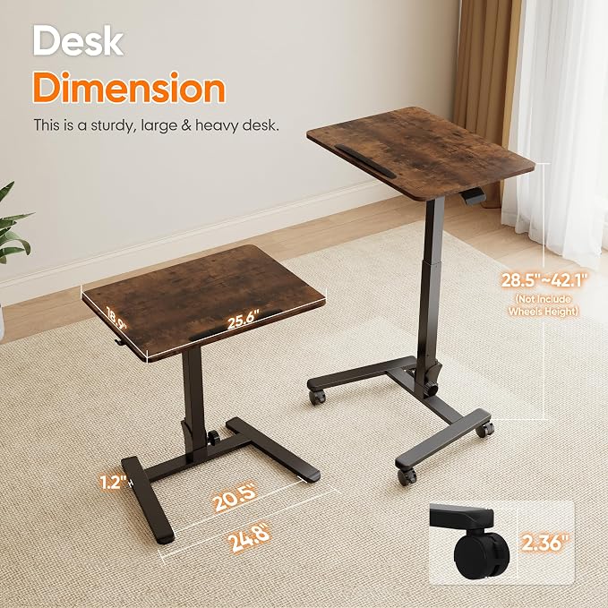 Monomi 25“ Mobile Folding Desk,Pneumatic Sit-Stand Table,No Assembly,Brown - Image 2