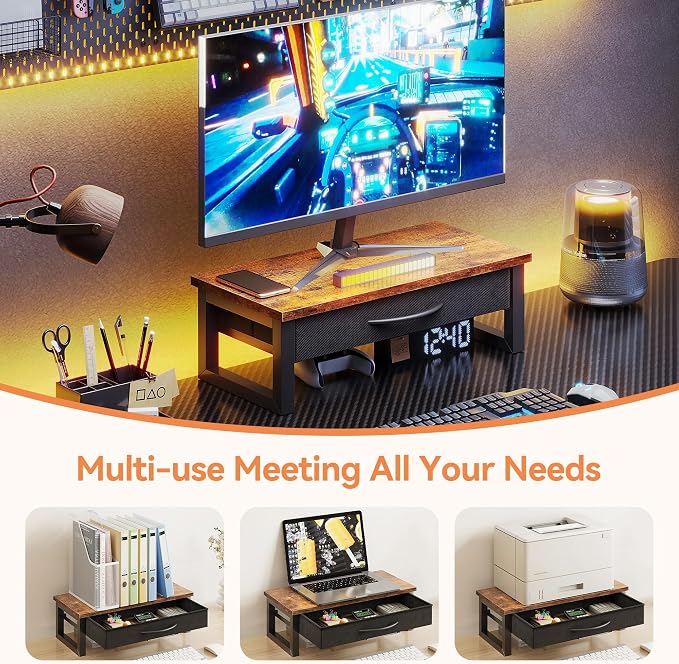 Computer Monitor Stand Riser with Drawer, 2-Tier Desk Accessories & Workspace Organizers, Laptop Stand for Desk with Storage, Office Organization, Wood - Image 5
