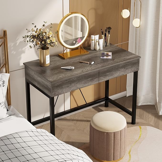 Mexin Small Desk with 2 Wooden Drawers, 40 Inch Home Office Writing Desk, Vanity Desk with Storage, Computer Desk for Bedroom Small Spaces, Table for Office, Work, Kids Study, Makeup, Gray Oak - Image 9