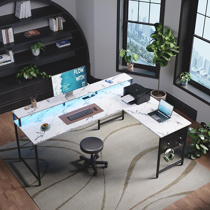 Pamray 64 Inch L Shaped Gaming Desk with Monitor Stand and Power Outlets | Large Corner Computer Desk With Pegboard & Led Lights USB Charging Ports for Home Office Study and Writing Bedroom and Dorms - Image 2