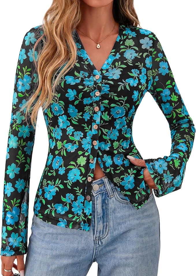 BTFBM Button Down Shirts for Women 2026 Fall Boho Tops V Neck Long Sleeve Blouses Ruched Mesh Fitted Fashion Clothing - Image 7