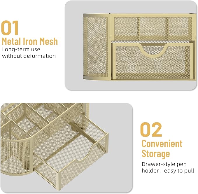 SUPEASY Mesh Desk Organizer, Desk Accessories & Workspace Organizers with Drawers, Pencil Holder for Desk with 9 Compartments for Office Suppliess, 8.6 x 4.3 x 4.1 Inch, Yellow | Pull-Out Drawer Stores Pens, Pencils, Clips, Notes, and Small Office or S... - Image 5