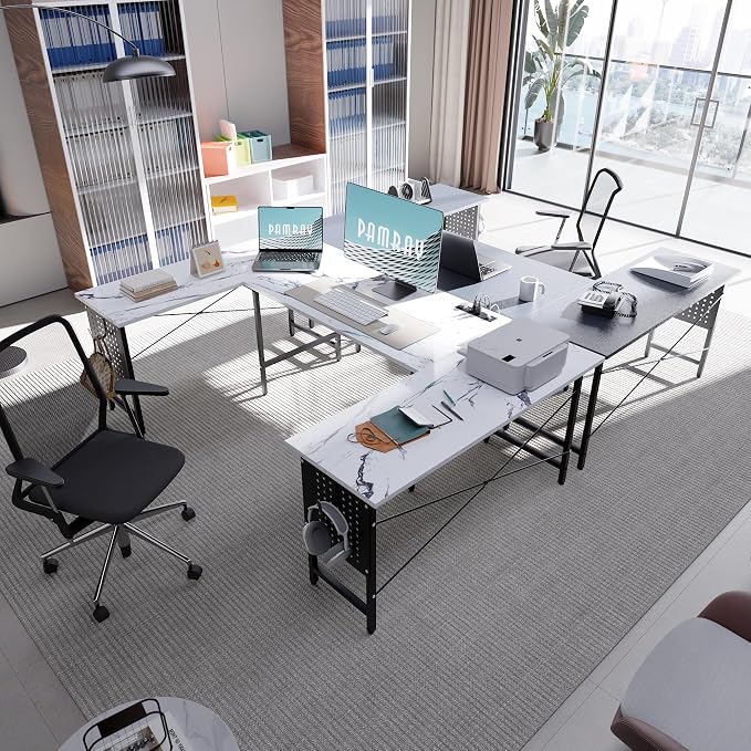 Pamray 71 Inch Large Computer Desk with Power Outlets,U Shaped Corner Desk for Home Office Work and Gaming Marble - Image 2