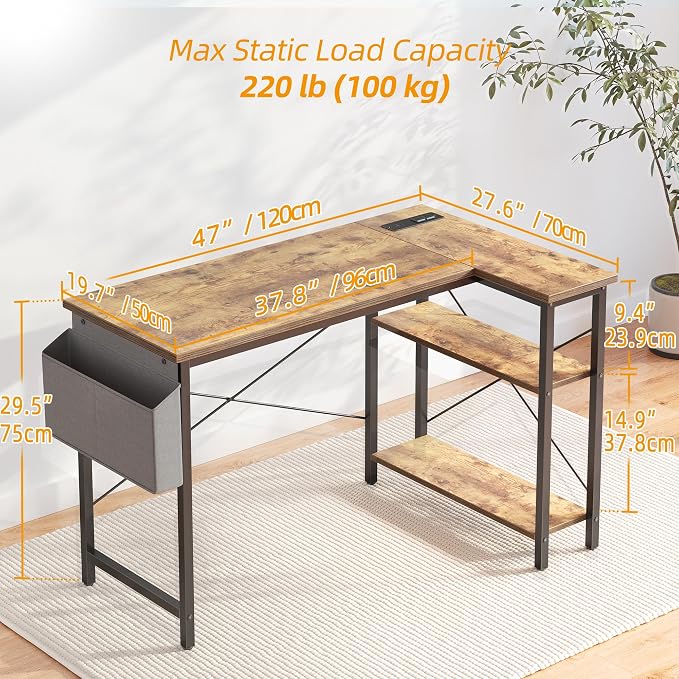 TIQLAB L Shaped Computer Desk with Power Outlets, 47 Inch Small Corner Desk with Reversible Shelves, Gaming Desk Computer Table Study Writing Desk for Home Office Small Space, Rustic Brown - Image 3