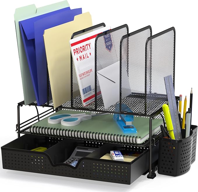 Simple Houseware Desk File Organizer for Office Supplies w/Drawer, Black | Double Tray, Pencil Holder, and 5 Upright Sections with Sliding Drawer by SimpleHouseware