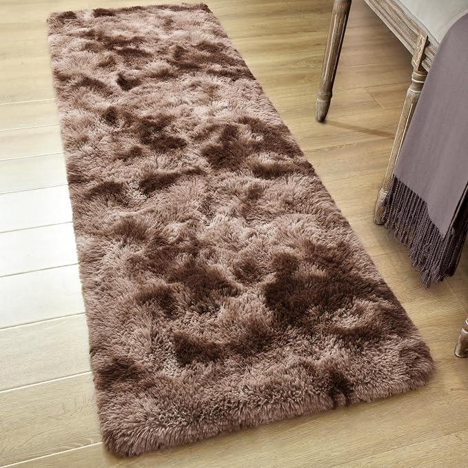 Tepook Fluffy Runner Rugs for Bedroom Aesthetic 2x6 Feet, Shag Soft Bedside Rug with Non-Slip Bottom, Fuzzy Plush Carpet for Room, Hallway Rug for Nursery Dorm Indoor Home Decor, Tie-Dyed Coffee - Image 4