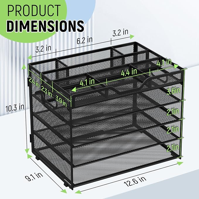 Docnest 5 Tier Mesh Desk Organizer with Removable Tray&Pen Holder, Black | Features 3 detachable pen holders and 4 removable dividers.Versatile mesh desktop storage for mail, document,office supplie - Image 3