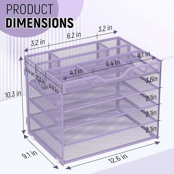 Docnest 5 Tier Mesh Desk Organizer with Removable Tray&Pen Holder, Purple | Features 3 detachable pen holders and 4 removable dividers.Versatile mesh desktop storage for mail, document,office supplie - Image 3