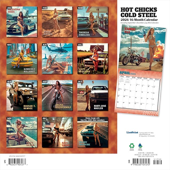 Hot Chicks Cold Steel | 2026 12 x 24 Inch (Hanging) Monthly Square Wall Calendar | LintPrint | Women Weapons - Image 2