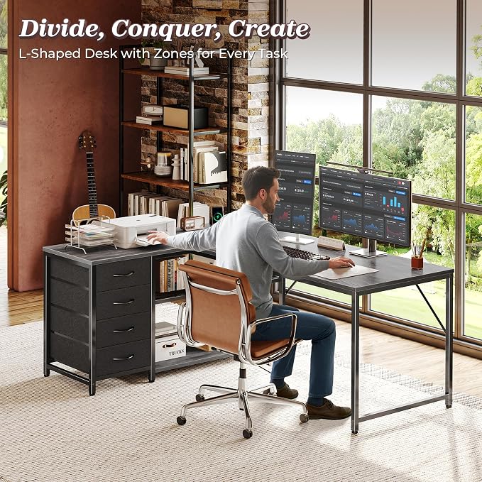 PRAISUN 53" L Shaped Desk with Power Outlets & USB-C Port, Reversible Computer Corner Office Desk with 4 Fabric Drawers and 2 Storage Shelves, Large Desk for Gaming Writing Work Study, Grey - Image 3