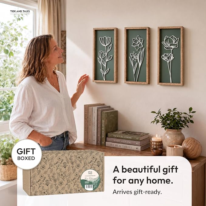 3D Floral Green Wall Art (Set of 3) Lightweight, Wooden Ready-to-Hang Boho Framed Wall Art for Bathroom, Master Bedroom, Living Room or Office - Premium Sage Green Farmhouse Decor - Gift-Boxed - Image 7