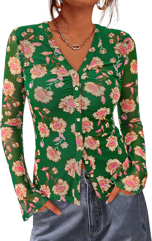 BTFBM Button Down Shirts for Women 2026 Fall Boho Tops V Neck Long Sleeve Blouses Ruched Mesh Fitted Fashion Clothing by BTFBM