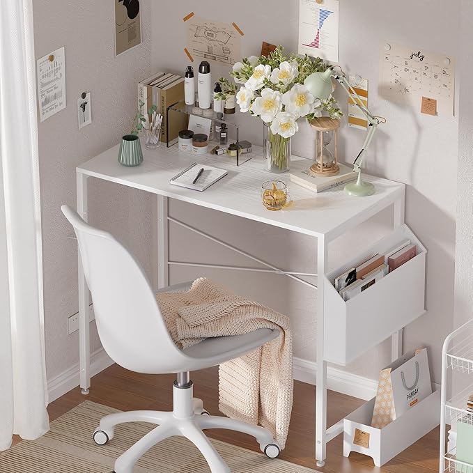 Pamray 32 Inch Computer Desk Small Spaces Desk with Storage Bag for Bedroom Writing and Home Office Work Small Study Desk Table White - Image 4