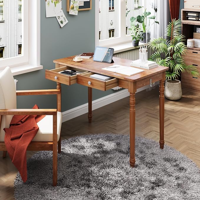 Solid Wood Writing Desk with Drawers - 39.4" Small Wood Vintage Desk, Mid Century Modern Desks, Wooden Computer Desks for Home Office, Traditional Vanity Dressing Table for Bedroom, Walnut - Image 7