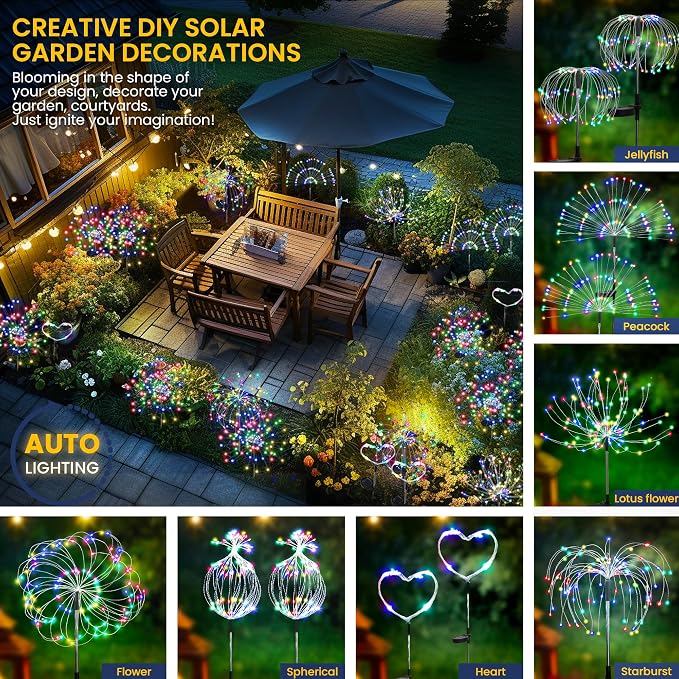 GIGALUMI Garden Decor Outdoor Lights 120LED 2Pack, Solar Garden Lights Outside Fairy Firework Decorative,Solar Powered for Yard Pathway Flowerbed Planter Balcony Patio 4th of July Decor (Multicolor - Image 7