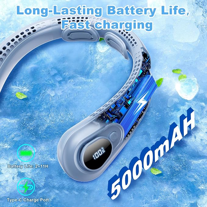 Portable Neck Fan Rechargeable - [with LED Display] 5 Speeds, 5000 mAh Battery Operated Wearable Personal Cooling Bladeless Fan for Outdoor Travel, Gifts for Men Women Kids,Sky Blue - Image 5