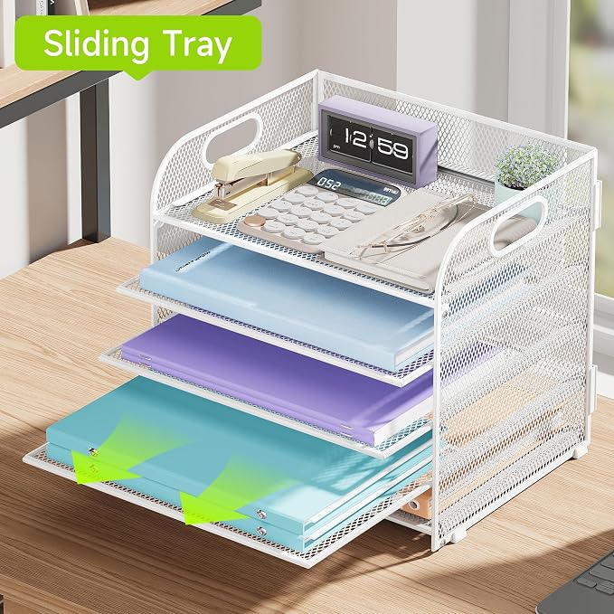 Cawukege 5 Tier Paper Organizer with Handle, White Metal Mesh Desk Organizer File Folder Paper Letter Tray Desktop Document Sorter for Classroom, School, Office Accessories Organization and Storage - Image 3