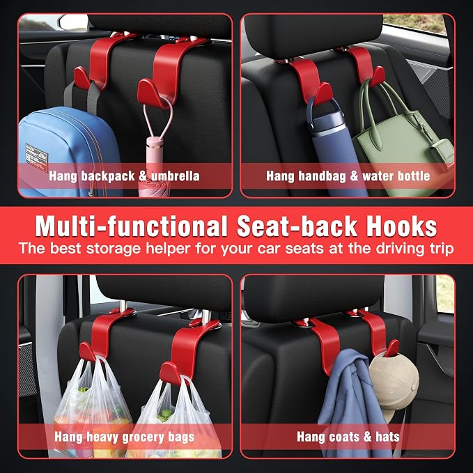 Amooca Car Seat Headrest Hook 4 Pack Hanger Storage Organizer Universal for Handbag Purse Coat Universal fit Vehicle Car S Type Red - Image 5