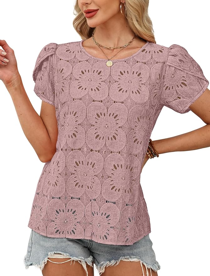 OFEEFAN Blouses for Women Dressy Casual Petal Short Sleeve Shirts Crochet Lace Boho Tops Spring Fashion Summer Outfits - Image 3