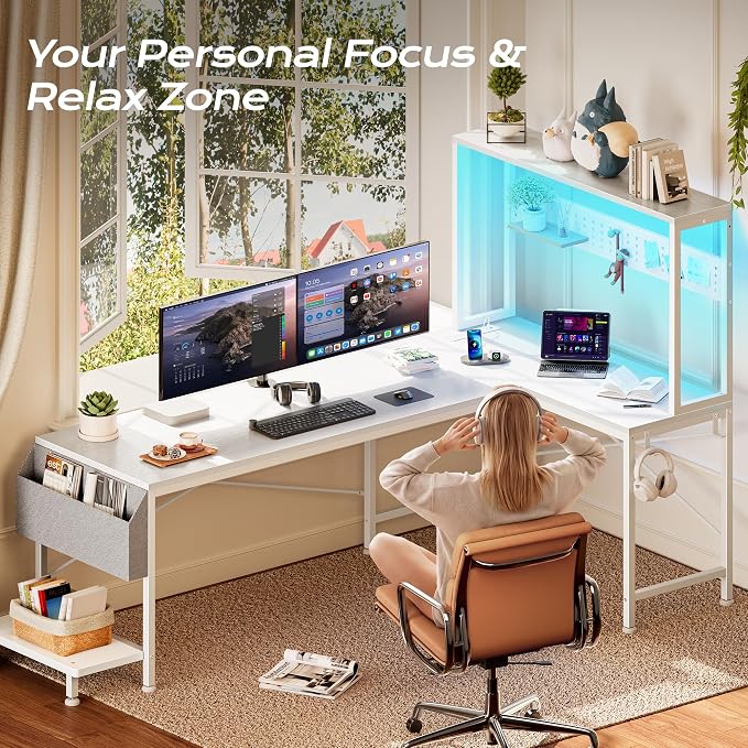 PRAISUN L Shaped Gaming Desk with LED Lights & Power Outlets, Reversible Computer Desk with Storage Shelves & Bag, Large Corner Home Office Desk with Pegboard for Work from Home, White - Image 6
