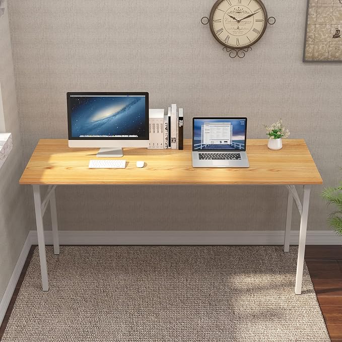 Need Home Office Desk - 62 Inches Large Computer Desk Sturdy Black Table Foldable Desk Gaming Computer Table No Assembly Required Teak&White AC5BW(157.5 * 60) | White Frame Writing Gaming Work Table/Foldable Home Office Desk/Sewing Table, No Assembly R... - Image 2
