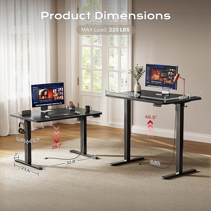Huuger Electric Standing Desk with Power Outlets and USB-C Port, 39 X 24 Inch Height Adjustable Desk, Sit Stand Desk for Home Office, Computer & Gaming Desk with 4 Presets, Stable Steel Frame, Black - Image 5
