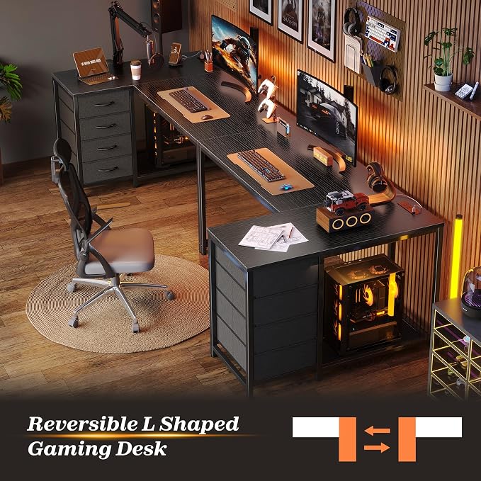 PRAISUN 43.3" Small Computer Desk with Power Outlets & USB-C Port, Reversible L Shaped Corner Office Desk with 4 Fabric Drawers and 2 Adjustable Storage Shelves, for Gaming Writing, Black - Image 9