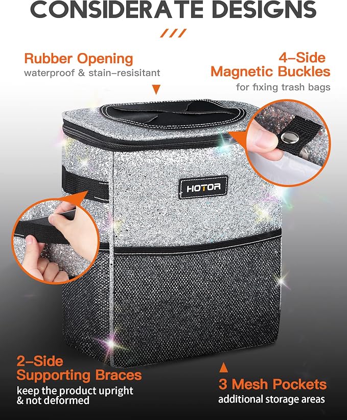 HOTOR Car Trash Can with Lid and Storage Pockets - 100% Leak-Proof Organizer, Waterproof Garbage Can, Multipurpose Trash Bin for Car, 2 Gallons, Sparkle White - Image 4