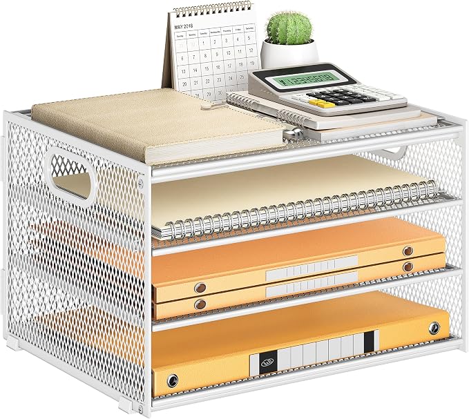 Subekyu Paper Letter Tray Organizer for Desk, White Metal Mesh Desk File Sorter Organizer with Handle and 2 Sliding Trays for Home Office School Supplies Organization by SUBEKYU