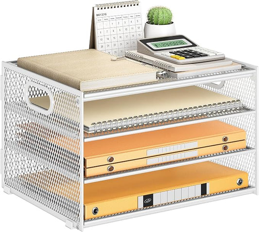 Subekyu Paper Letter Tray Organizer for Desk, White Metal Mesh Desk File Sorter Organizer with Handle and 2 Sliding Trays for Home Office School Supplies Organization by SUBEKYU
