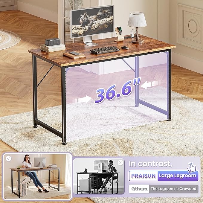 PRAISUN 40 X 20 Inch Computer Desk, Power Outlets, USB-C, Rustic Brown | Office Desk with 4 AC Outlets, USB & USB-C, Sturdy Metal Frame, Spacious Desktop for Work, Writing, Study & Gaming - Image 7