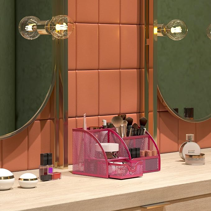 EasyPAG Mesh Desk Organizer with Drawer Multi-functional Pen Holder Stationery Organizer for Office School Supplies 6 Compartments Dorm Organizers and Storage for Desk, Hot Pink - Image 6