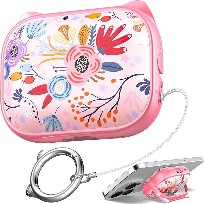for AirPods Pro 2 Case with Cleaning Kit, Cute Cat Ear Print Design & Cute Buckle for Girls, Phone Holder & Top Safe Lock Buckle Design for AirPods Pro 2nd/1st Gen case, Pink Flower by MHYALUDO