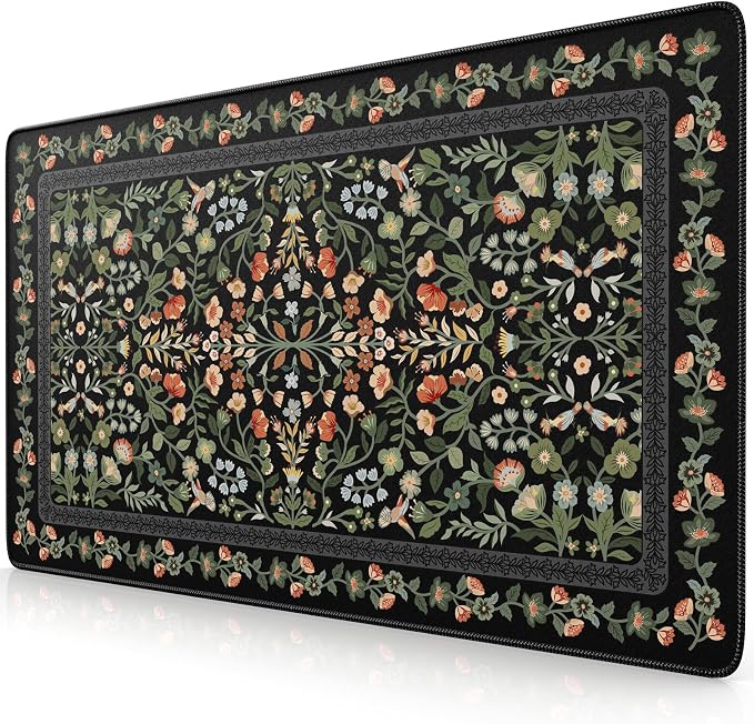 iCasso Aesthetic Mouse Pad,23.6x13.7in Desk Pad, Black Flower | Vintage Desk Matt for Desktop, Anti-Slip Mousepad with Stitched Edges for Laptop Computer Keyboard by iCasso