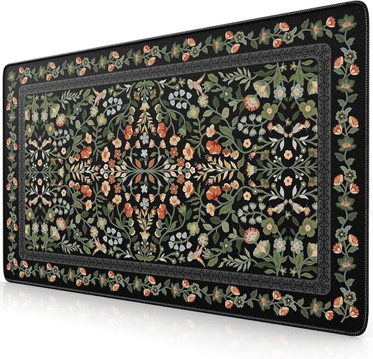 iCasso Aesthetic Mouse Pad,23.6x13.7in Desk Pad, Black Flower | Vintage Desk Matt for Desktop, Anti-Slip Mousepad with Stitched Edges for Laptop Computer Keyboard by iCasso