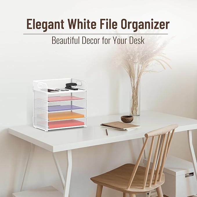 Supeasy 5 Trays Paper Organizer Letter Tray with Handle-Mesh Desk File Holders, Paper Sorter Desk Organizer for Office, Home, Classroom or School, White - Image 2