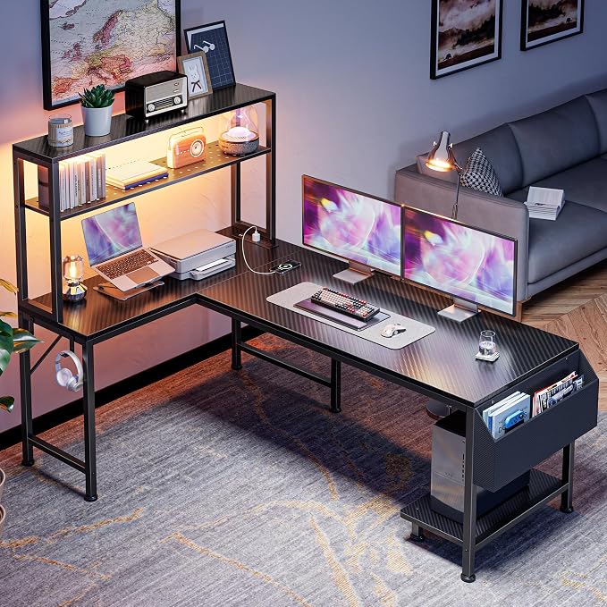 PRAISUN L Shaped Gaming Desk with LED Lights & Power Outlets, Reversible Computer Desk with Storage Shelves & Bag, Large Corner Home Office Desk with Pegboard for Work from Home, Carbon Fiber Black - Image 7