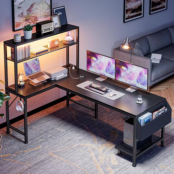 PRAISUN L Shaped Gaming Desk with LED Lights & Power Outlets, Reversible Computer Desk with Storage Shelves & Bag, Large Corner Home Office Desk with Pegboard for Work from Home, Black - Image 7
