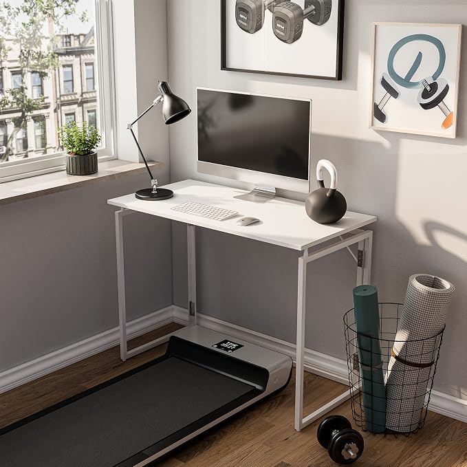 alawooder 39.4" Folding Desk: No Assembly, Wood Top for Small Spaces | 39.4 in dual-monitor workspace, holds 150 lbs, folds flat to 2.3 in, splash-proof top, home office or gaming - Image 5